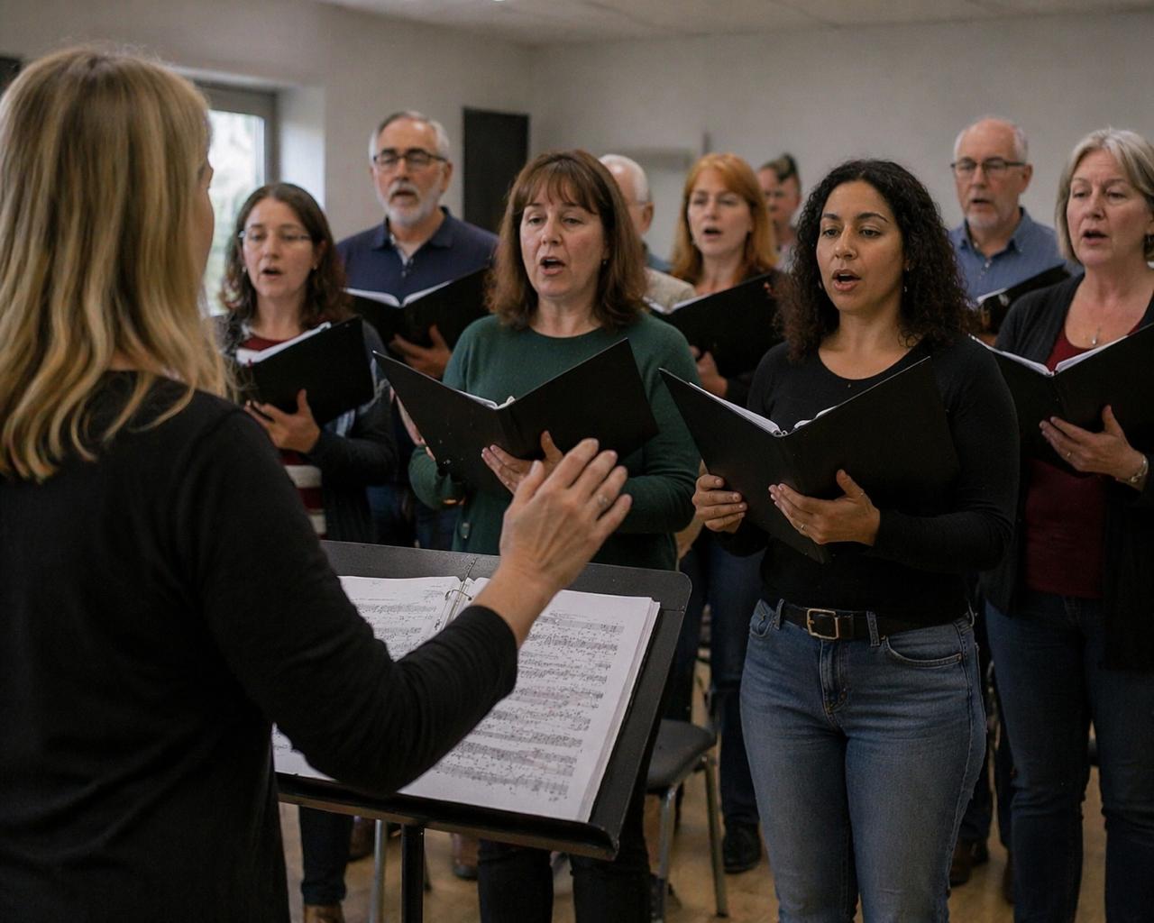 Choir conductor leading singers during online singing lessons