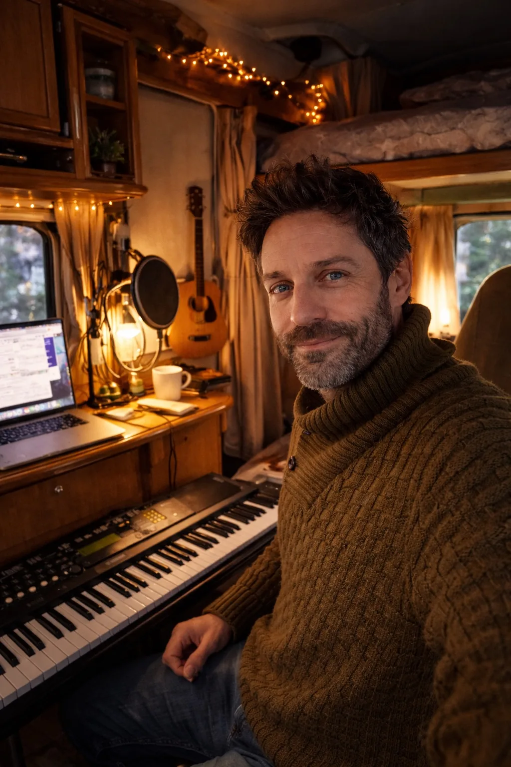 Matt Thompson teaching from his mobile studio, with a laptop, microphone, keyboard and guitar