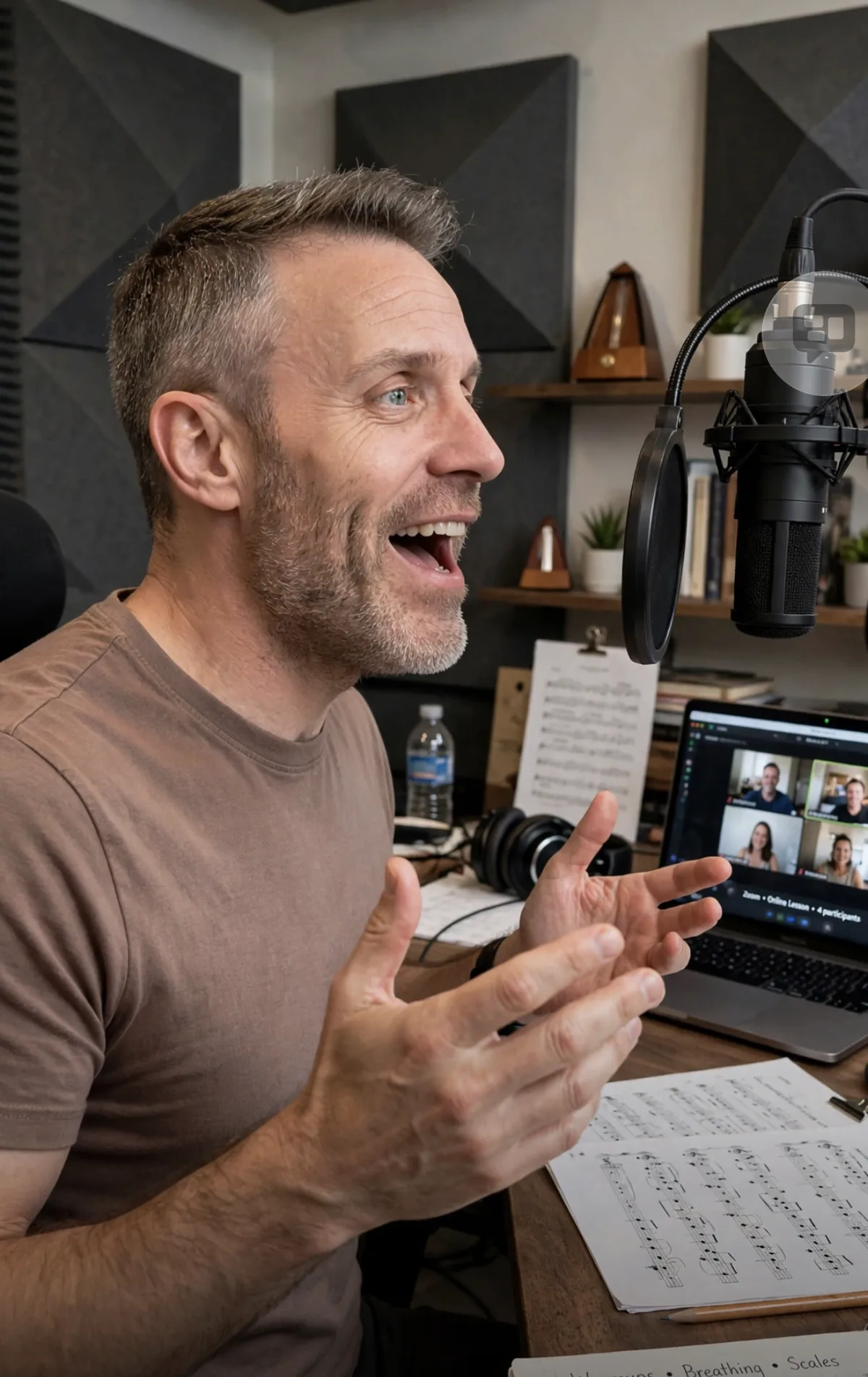 Matt Thompson demonstrating a vocal exercise during a live online coaching session